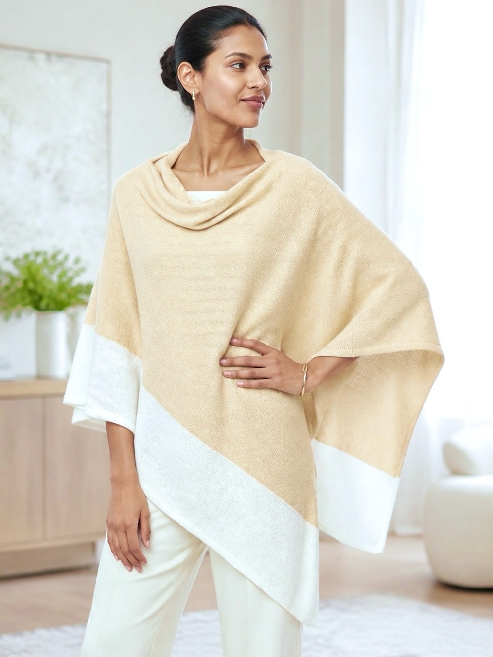 J. Crew Sweater Knit Poncho Colorblock Cotton-Cashmere Ivory/Beige Stretch
